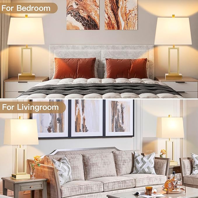 23.5" Touch Control Table Lamps, Metal Bedside Lamp for Bedroom Set of 2 with USB A+C Ports & AC Outlet, 3-Way Dimmable Nightstand Lamp for Living Room (LED Bulb Included)