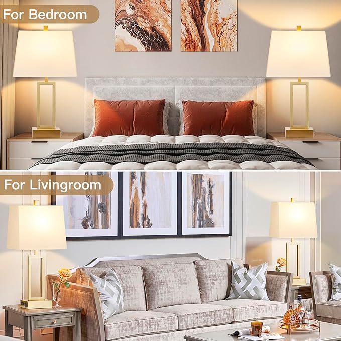 Touch Control Table Lamps Set of 2, Modern Gold Bedside Lamps with USB A+C Ports & AC Outlet, 3 Way Dimmable Contemporary Nightstand Lamps for Bedroom Living Room(LED Bulb Included)