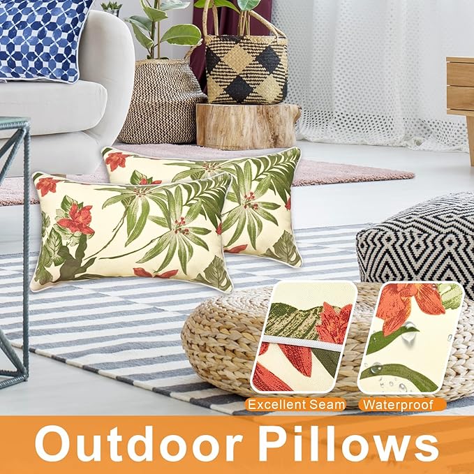 Outdoor Lumbar Pillows - Decorative Pillows with Insert Included Set of 2 Outdoor Pillows for Patio Furniture 12x20 Inch
