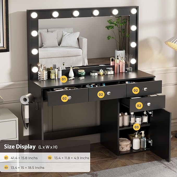 Vanity Desk with Mirror and Lights, 41.4'' Makeup Vanity Desk with 4 Drawers and Large Cabinet, 3 Lighting Modes Adjustable Brightness, Black Vanity with Power Outlet for Bedroom
