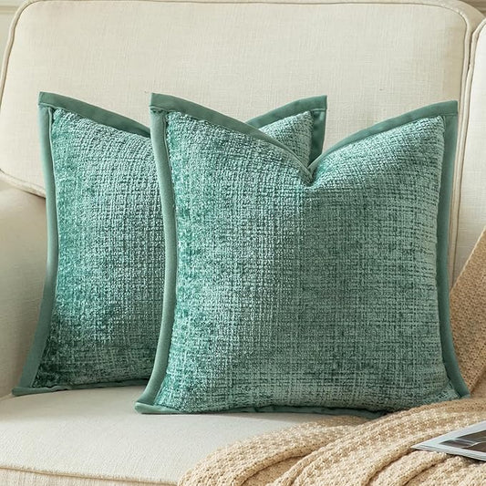 Yaertun Pack of 2 Chenille Textured Decorative Throw Pillow Covers Accent Solid Cushion Cover Soft Cozy Pillow Case with Velvet Back for Couch Sofa Bed Living Room 24x24 Inch Teal