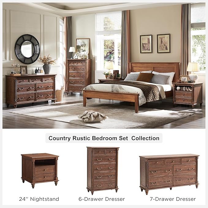 T4TREAM Farmhouse 7 Drawers Dresser Chests for Bedroom w/ 4 Solid Wood Feet & Column Decor, Tall Wide Wood Country Rustic Chest of Drawers, Storage Dressers for Bedroom, Living Room,Reclaimed Barnwood