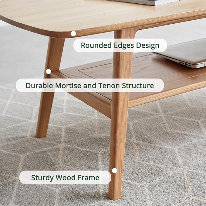 2-Tier Solid Oak Wood Coffee Table - Practical Center Table with Double Storage for Small Apartments, Living Rooms, Bedrooms, and Offices (Natural, 39.37" D x 19.69" W x 17.32" H)