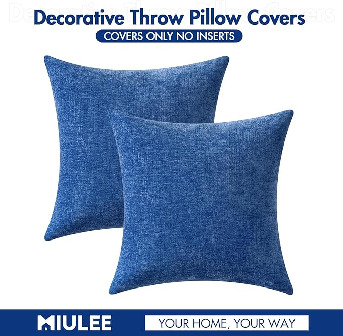 MIULEE Pack of 2 Couch Throw Pillow Covers 16x16 Inch Soft Royal Blue Chenille Pillow Covers for Sofa Living Room Solid Dyed Pillow Cases