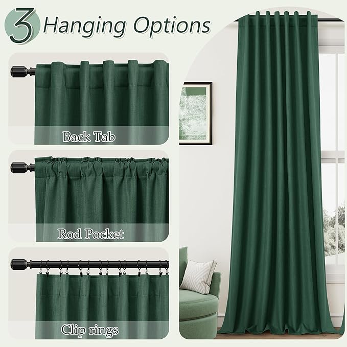 Guken Green Blackout Curtains 72 Inch Length 2 Panels Set for Living Room Bedroom Back Tab Thermal Insulated 100% Black Out Linen Drapes Room Darkening Window Curtains 52 Inches Width