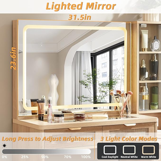LEYAOYAO Vanity Desk with Mirror and Lights, 43.5'' Makeup Vanity Set with Stool 6 Drawers and Adjustable Shelves, Rattan Wood Make Up Vanity Dressing Table with Glass Top and Power Outlet for Bedroom