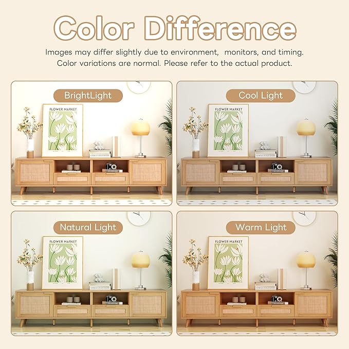 Rattan TV Stand for TVs up to 85'', Boho Entertainment Center with 2 Doors & 2 Drawers, Solid Wood Feet, Vintage Console Table for Living Room