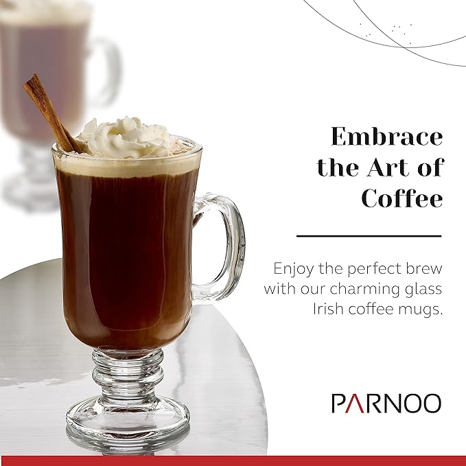 PARNOO Irish Coffee Mugs - 8 oz with Handle & Footed Stem Base - Clear Glasses for Tea, Coffee & Hot Chocolate, Heavy Duty Set of 4