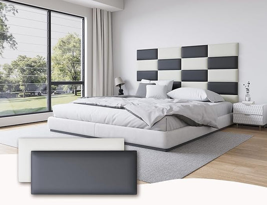 Leather Black and White Upholstered Queen Headboard, 12PCS Peel and Stick Wall Panels, Tufted Bed Backboard for Modern Wall Beds, 10"x24" Each, Leather - Black and White