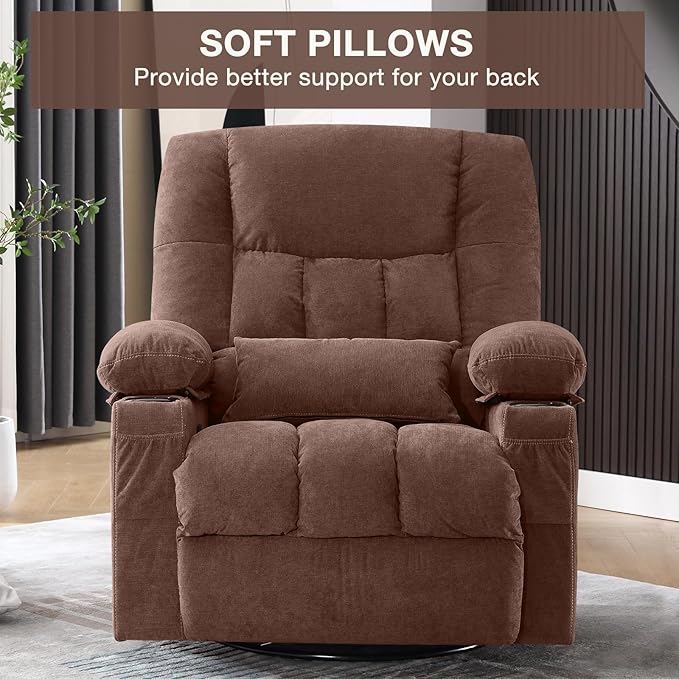 Massage Swivel Rocker Recliner Chair with Vibration Massage and Heat Ergonomic Lounge Chair for Living Room with Rocking Function and Side Pocket, 2 Cup Holders, USB Charge Port