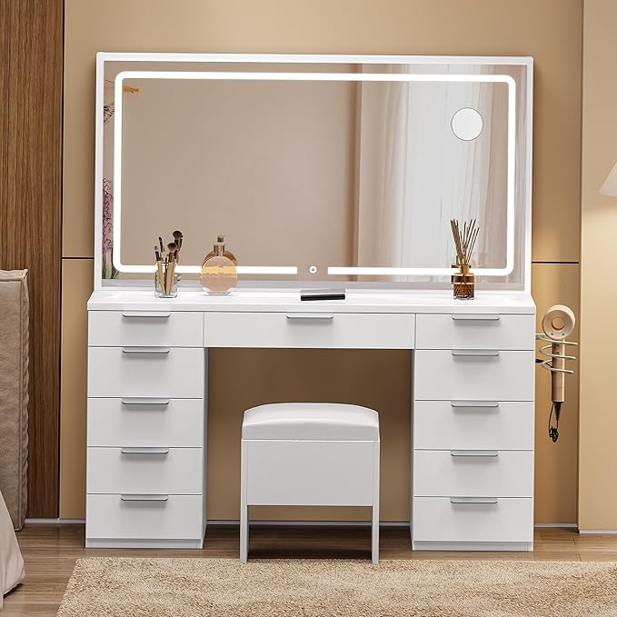 DWVO Makeup Vanity with Large Mirror and Lights, 46" Vanity Desk Dressing Table Set with 11 Drawers & Storage Stool, Dressing Table with Power Outlet and Magnifying Glass, Dressing Room, White
