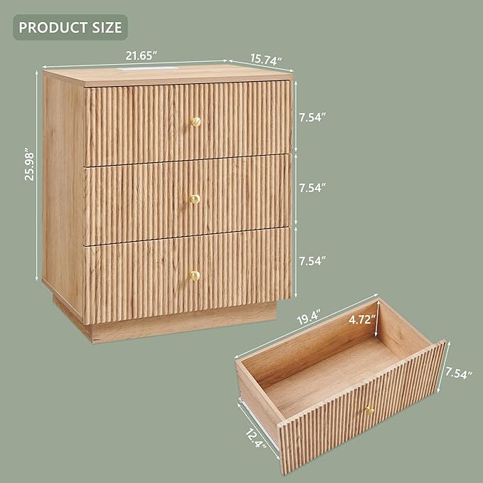 Fluted Night Stand with Charging Station, 21.65" Nightstand with Drawer, 3 Drawer Dresser for Bedroom, Morden End Table Bedside Table Chests of Drawers for Bedroom, Living Room, Natural