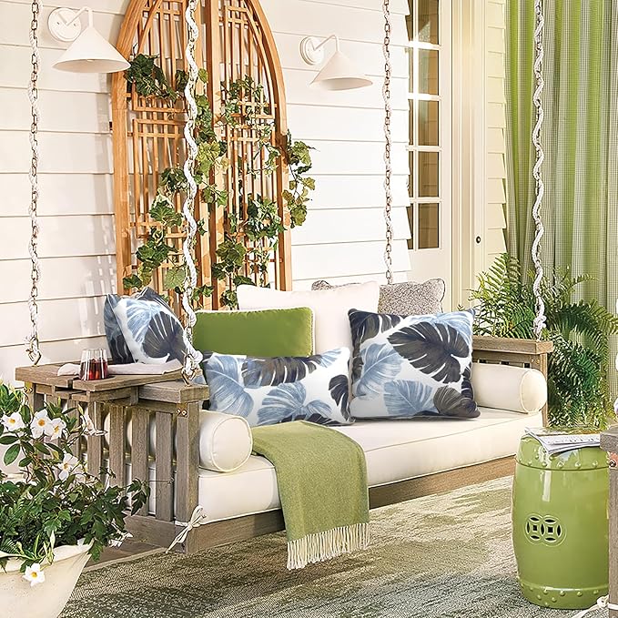 LVTXIII Set of 2 Patio Lumbar Pillows, 12”x20” Fade Resistant Outdoor Lumbar Pillow with Inners, Fluffy Decorative Garden Lumbar Cushions for Home Patio Coach Sofa Use, Monstera Blue