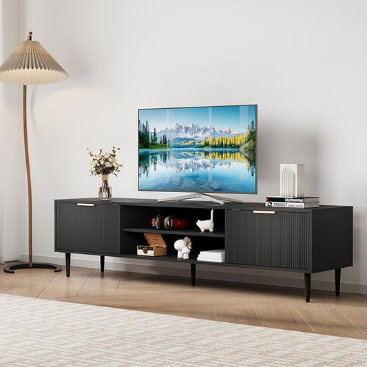 Black TV Stand, Modern TV Consoles for Living Room, 75 Inch TVs Fluted Panel Media Console, Entertainment Stand with 2 Storage Cabinets, Metal Handle and Adjustable Hinge, Office, Bedroom Furniture