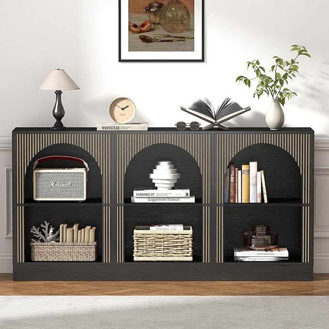Console Table with 3-Tier Open Storage, 63" Arched Entryway Table with Carved Fluted Panels, Rectangular Wooden Sofa Table for Living Room, Hallway, or Behind Couch (1, Black)