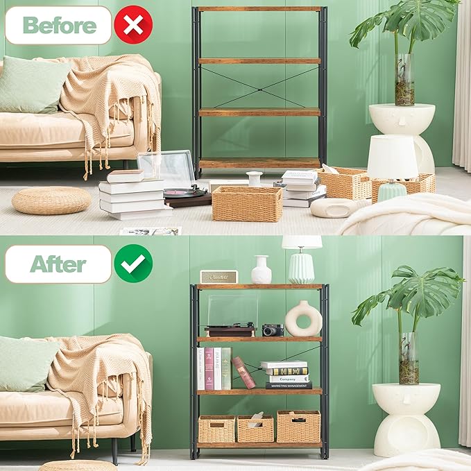 HCHQHS Bookshelf, 4-Tier Industrial Bookcase, Rustic Open Book Shelf, Freestanding Tall Bookshelves with Metal Frame