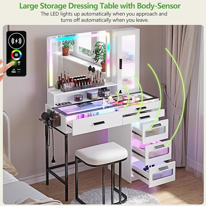 HENBC Vanity with Mirror and LED Lights, Glass Top Vanity Desk with Charging Station(Wireless+USB+Type-C), RGB Makeup Table Set with Stool/Makeup Organizer/6 Drawers for Bedroom,White