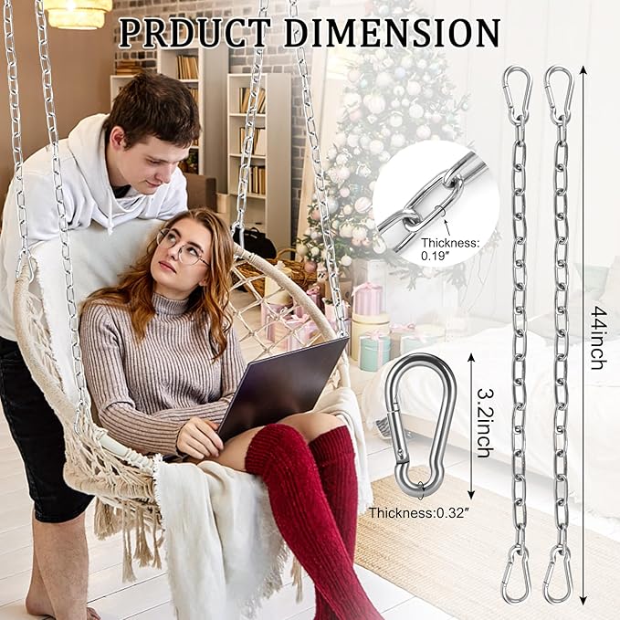 Hammock Chair Chain, 2 Pack 44in Hanging Swing Chain with 4 Carabiners, 660LB Capacity Heavy Duty Hammock Hanging Kit for Punching Bags, Swing Hangers, Porch, Patio, Playground Indoor Outdoor (Silver)