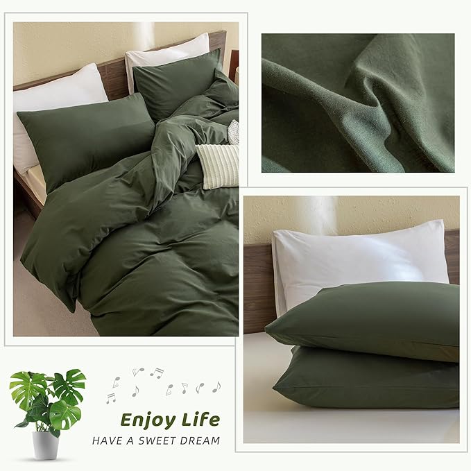 Sanracie Olive Green Comforter Set King Cotton,Dark Green Bedding Comforters Set Solid Color,3 Pieces(1 Aesthetic Comforter and 2 Pillowcases) Soft Lightweight Bed Set for All Season