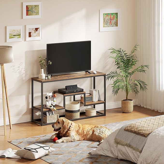 TV Stand for TVs up to 65 Inch, TV Console Table with 3-Tier Open Storage Shelves, Modern Industrial Entertainment Center for Living Room, Bedroom, Rustic Brown