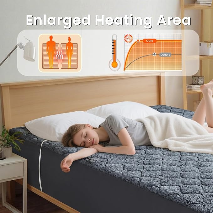 Full Size Heated Mattress Pad Sherpa Electric Mattress Pads Electric Bed Warmer Fit up to 21" with 6 Heat Settings 10 Hours Auto Shut Off, Dark Gray