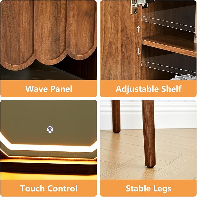 ORRD Vanity Desk with Mirror and Lights, Modern Wood Wave Panel Vanity Desk Set Makeup Table with Drawers and Cabinet, Dressing Table with Storage for Bedroom, Walnut