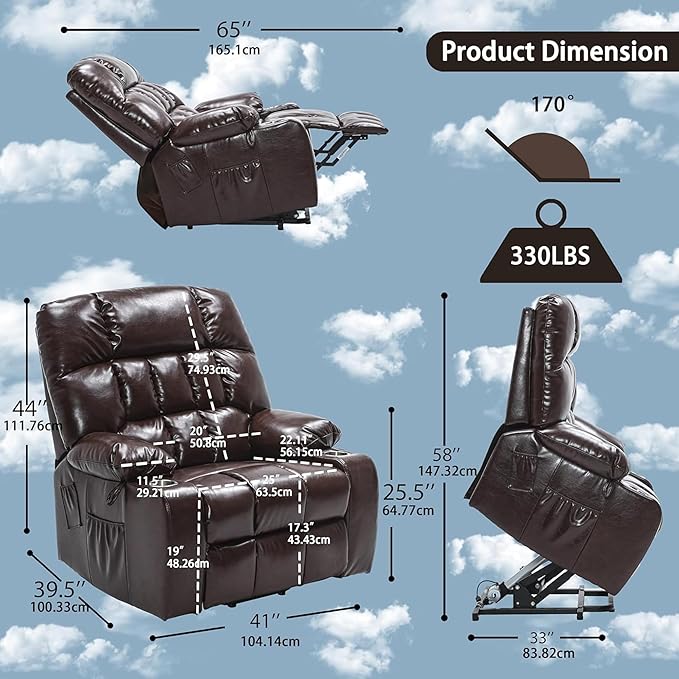 Heavy Duty Recliner Chairs with Cup Holders for Adults Big and Tall, Oversized Power Recliner Lift Chair for Elderly, Heat and Massage, Stand Up, Lay Flat 160 Degree Sleeping