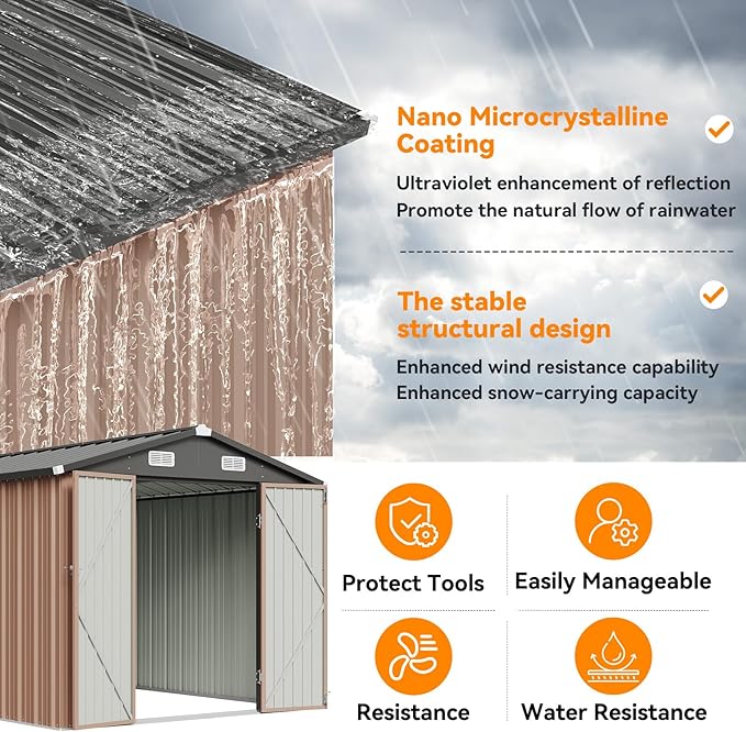 8x12 FT Metal Outdoor Storage Shed, Dual Doors with Lockable Bolts, Large Garden Shed for Yard Tools, Bike, Generator, Waterproof Galvanized Steel Panel with Vent & Sloping Roof（Brown）