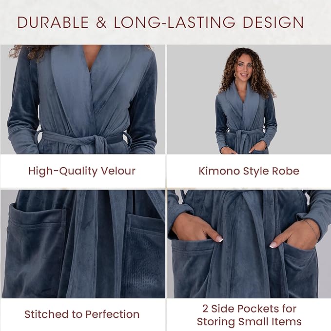 Be Relax Terry Velour Robe - Made of Polyester, Shawl Collar Robe with Belt & Side Pockets, Soft & Warm Bathrobe for Women