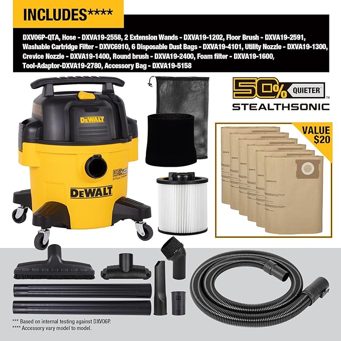 DEWALT 6 Gal Stealthsonic Shop Vacuum Wet and Dry, 5 Peak HP Poweful Suction Ultra-Quiet Vacuum Cleaner with Complete Accessory Kit and 6 Dust Bages, Shop Vac for Home, Jobsite, Workshop, Garage, Car