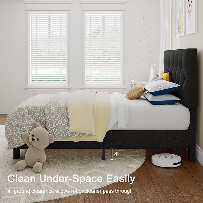 Twin Upholstered Bed Frame with Headboard, Button Tufted Linen Bed Base, Platform Bed with Wood Slat, Heavy Duty, Easy Assembly, No Box Spring Needed, Dark Gray