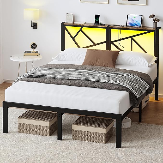 Full Size Black Metal Bed Frame with USB Charging Station, LED Ambient Lighting, and Wooden Storage Headboard - Includes Under-Bed Storage, No Box Spring Needed, Noise Free, Easy Assembly