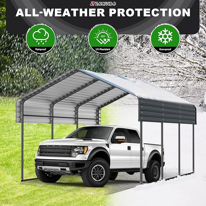 10x15FT Metal Carport Kits, Heavy Duty Car Port on Clearance with Galvanized Metal Roof, Outdoor Garage Car Shelter Shade for Car, Boats and Truck (Dark Gray)