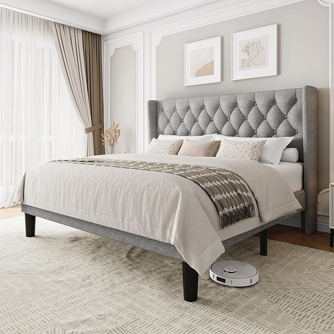 King Size Upholstered Bed Frame with Wingback Headboard, Fabric Linen Platform Bed, 8" Under Bed Storage, Wooden and Metal Slats Support, No Box Spring Needed, Light Grey