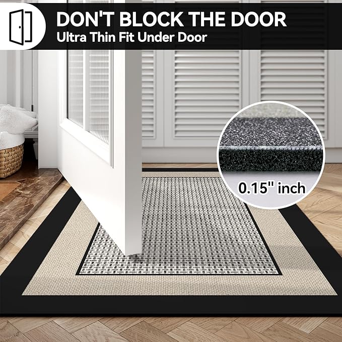 Non Slip Thin Bath Mat Bathroom Rugs, Rubber Backing Ultra Thin Bathroom Rug Fit Under Door, Quick Dry Super Absorbent Washable Shower Bath Mats, Beige 24x36