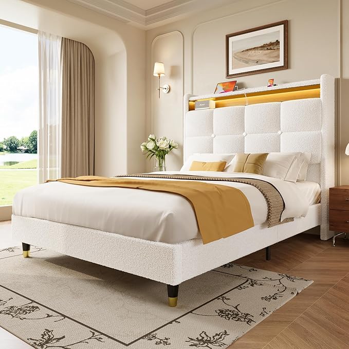 King Size Bed Frame, 51" Tall Wingback Tufted Headboard, Teddy Fleece Upholstered Bed Frame, LED Lights & USB/Type-C Port and Double Storage Shelf, No Box Spring Needed, Easy Assembly, White