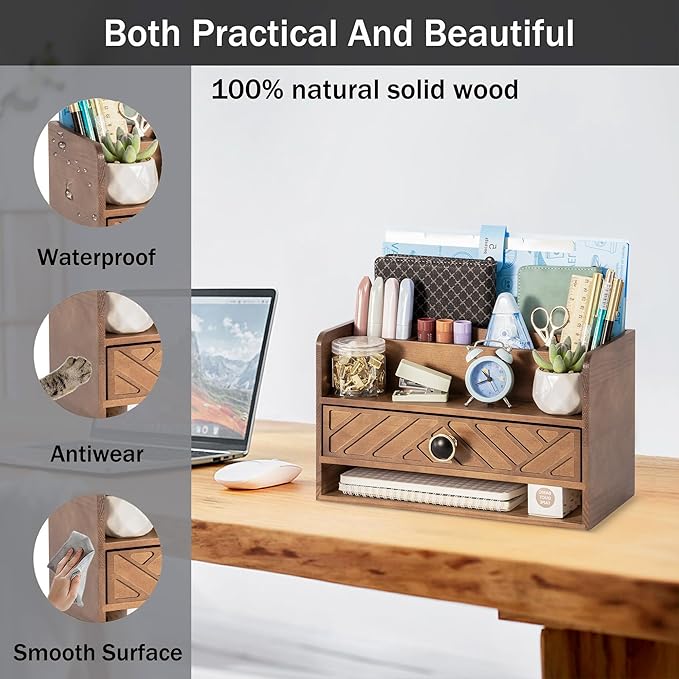 Brown Wood Desk Organizer and Accessories with Drawer, Bill Mail Organizer and File Mail Holder for Office Supplies, Desk Accessories & Workspace Organizers