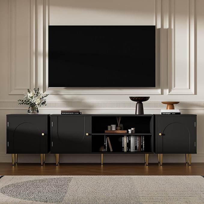 Modern TV Stand for 50/60/70/80 inch TV, Combined TV Stand for 75+ inch TV, Entertainment Center for Up to 80" TV, TV Media Stand with Storage Side Cabinet for Living Room, Bedroom, Black