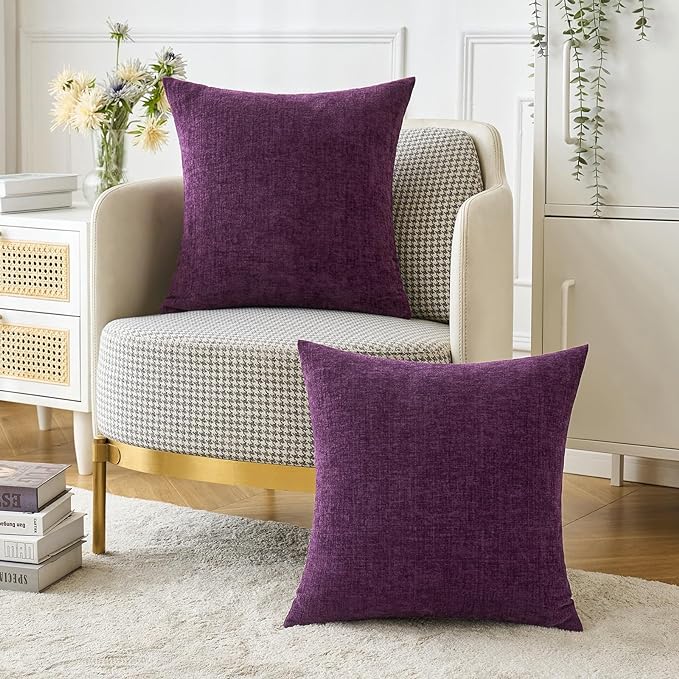 MIULEE Pack of 2 Couch Throw Pillow Covers 20x20 Inch Soft Plum Purple Chenille Pillow Covers for Sofa Living Room Solid Dyed Pillow Cases