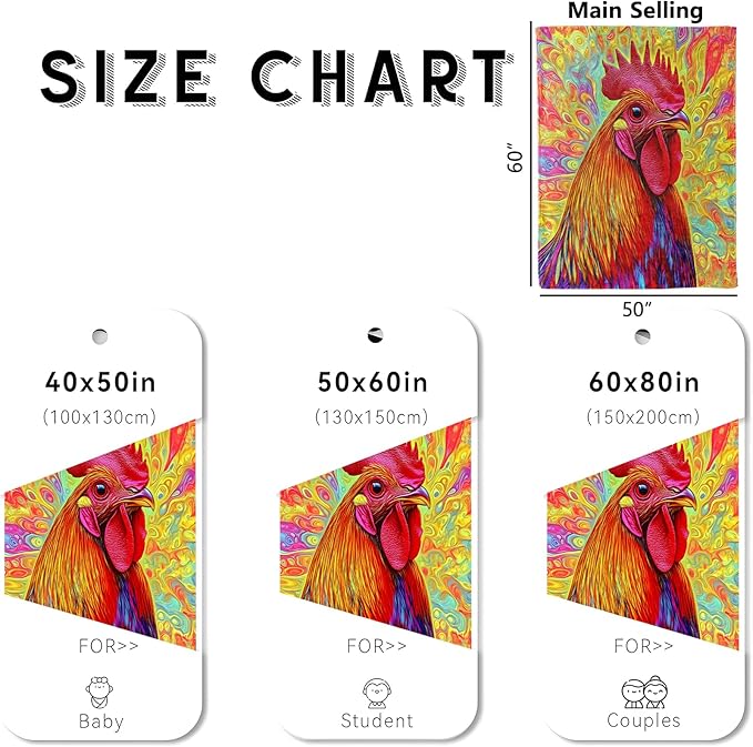 Colorful Rooster Blanket, Cozy Flannel Rainbow Swirls Chicken Throw Blanket for Couch Outdoor, Plush Soft Lightweight Travel Blankets for Bed Decor and Gifts, for Women Kids Adults 50"x60"