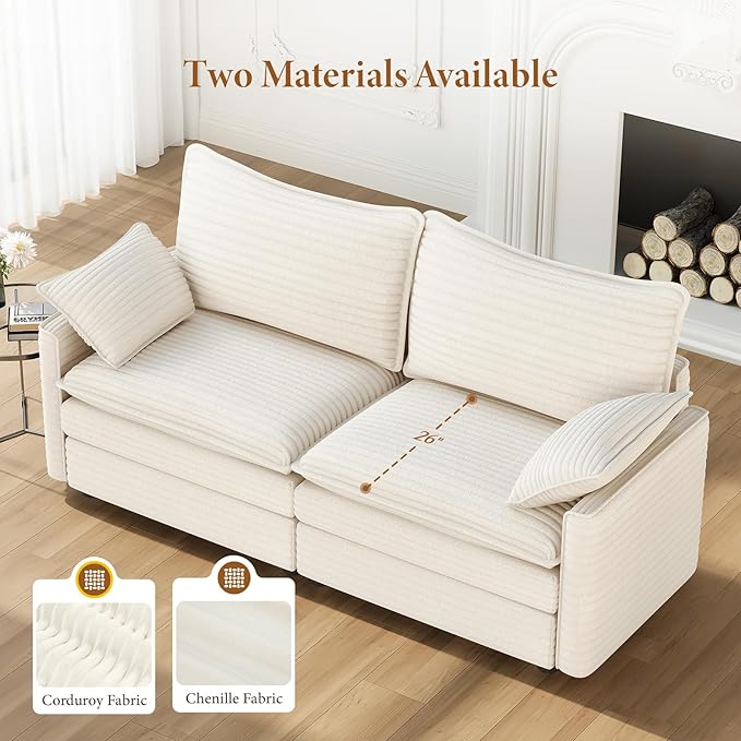 Vesgantti 74" Loveseat Sofa for Living Room, Comfy Cloud Couch Deep Seat Corduroy Modern 2 Seater Small Sofa with Armrest Pillow, Easy Assembly for Small Spaces, Beige