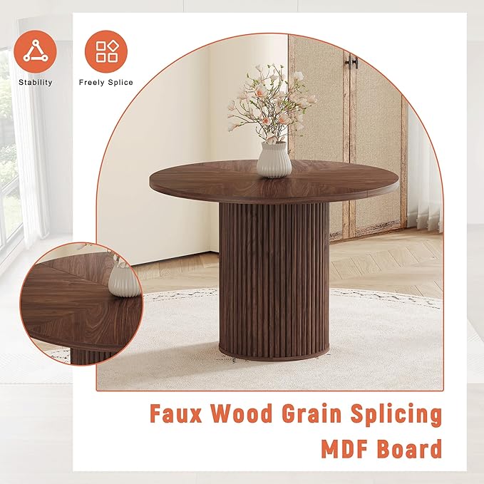 AZmac Round Dining Table Set for 4, Wooden Round Table 5-Piece with Modern Farmhouse Dining Table and 4 Suede Leather Chairs for Kitchen Dining Room, Walnut Table + 4 Saddle Brown Chairs