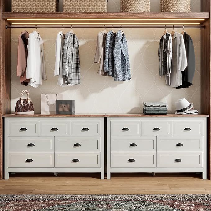 Wananlanen® Farmhouse Dresser for Bedroom, Antique Double Dresser & Chest of Drawer with Vintage Handle and Storage, Wooden Tall Rustic Organizer for Bedroom (Antique White, 7 Drawer)