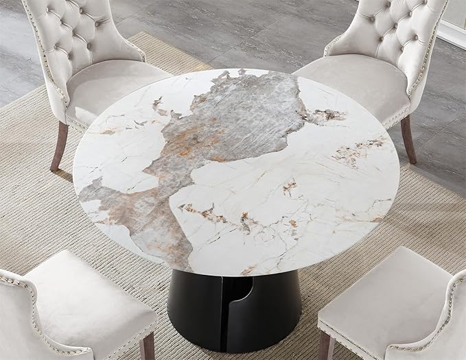 5-Piece Faux Marble Round Dining Table Set for 4, Modern Luxury Kitchen Table Set for 4 with Beige Tufted Chairs,Circle Dining Tables with Pandora Grain Top and Black Pedestal Base