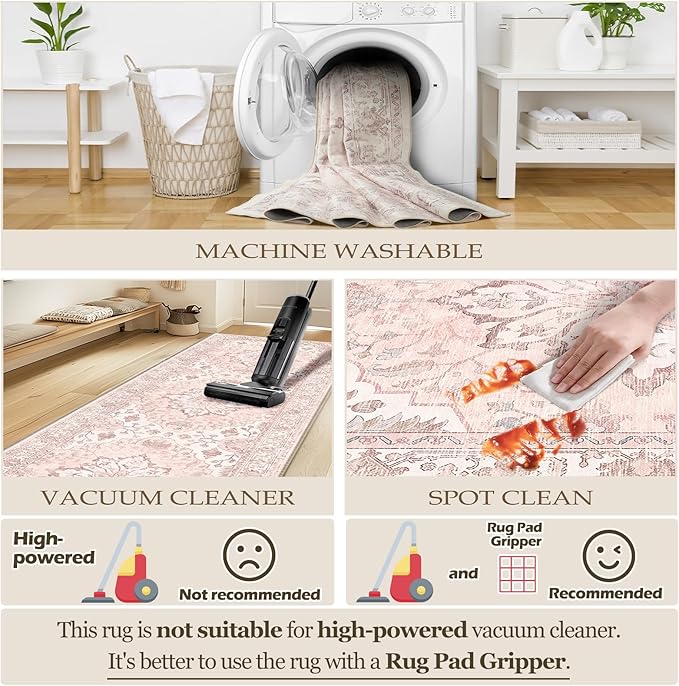 Area Rugs 2'x3' Washable Non-Slip, Floral Vintage Distress Print Pattern Medallion Carpet for Living Room Bedroom Dining Room, Pink Greypink Cute