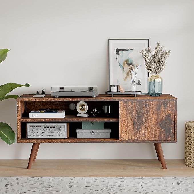 Cozy Castle TV Stand for 48 Inch TV, Mid Century Modern Entertainment Center with Storage Cabinet, TV Media Console for Living Room, Bedroom, Rustic Brown