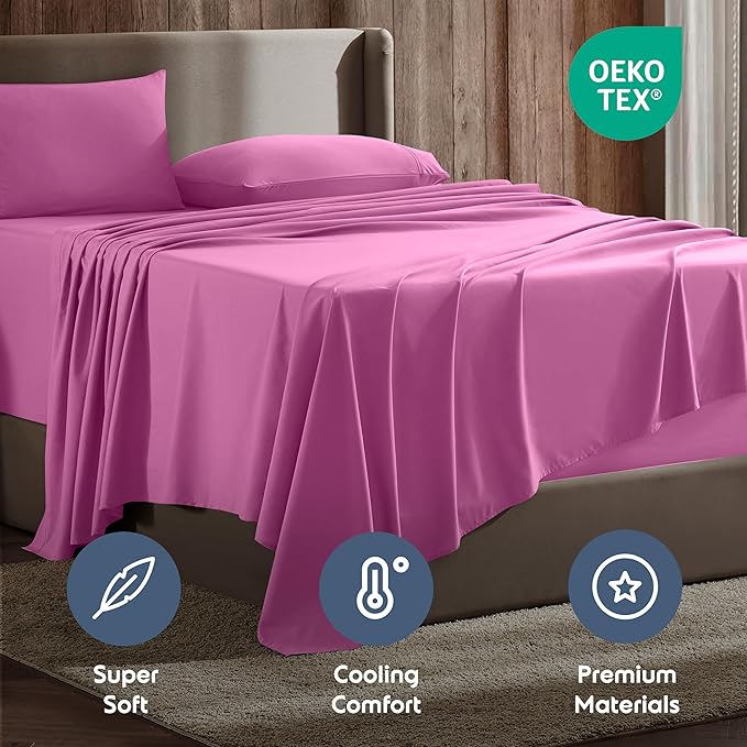 Nestl Short Queen Sheet Set - 1800 Ultra-Soft Microfiber - Double Brushed - Deep Pockets - Easy Fit - 4 Piece Set - Bed Sheets (Short Queen, Light Pink)