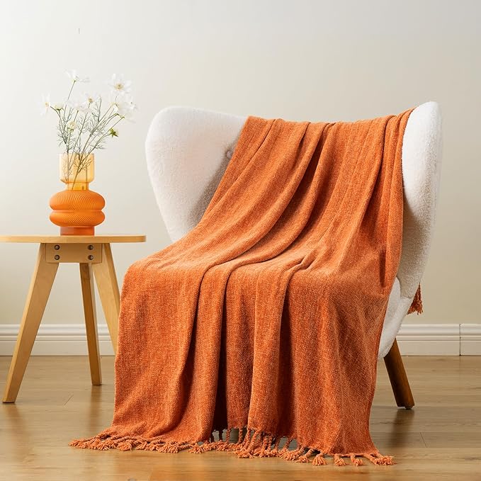 BATTILO HOME Burnt Orange Throw Blanket for Couch, Decorative Fringe Velvety Orange Throw Blanket for Bed, Fall Decor Blankets & Throws, 50"x60"