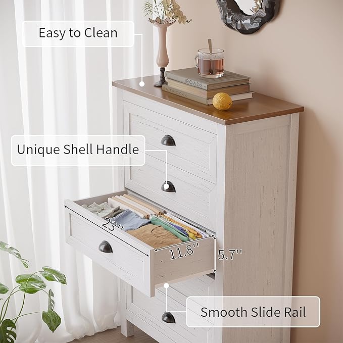 5 Drawer Dresser, Farmhouse Tall Dresser for Bedroom, Antique White Chest of Drawers, Modern Dressers for Bedroom, Closet