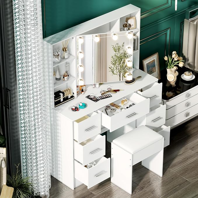White Vanity Desk with Mirror and Lights, 3 Color and Brightness Adjustable Makeup Flip Mirror with Lights, Bedroom Dressing Table Vanity Stool Set and 7 Storage Drawers & 9 Shelves